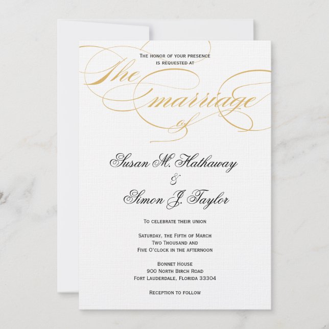 Convite para Casamento de Script Elegante - Dourad (Frente)
