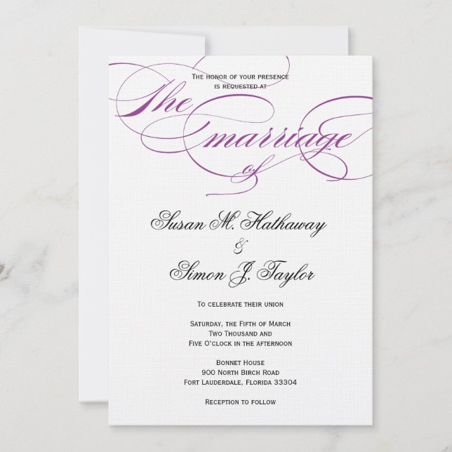 Convite para Casamento de Script Elegante - Roxo (Frente)