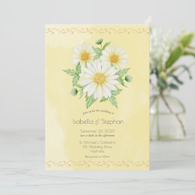 Convite para Casamento de Script Floral Amarelo Br (Em pé/Frente)