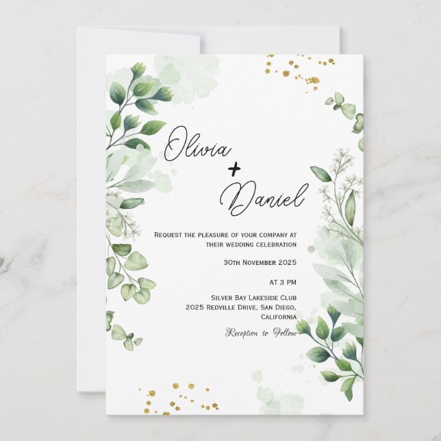 Convite para Casamento de Script Greenery Fresco (Frente)