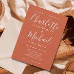 Convite para Casamento de Script Minimalista Terra<br><div class="desc">Apresentando nomes de estilo de assinatura,  este elegante convite de casamento pode ser personalizado com suas informações em letras brancas chic em um fundo de terracota. Você pode personalizar a cor de fundo para corresponder ao seu tema de casamento. Projetado por Thisnotme©</div>