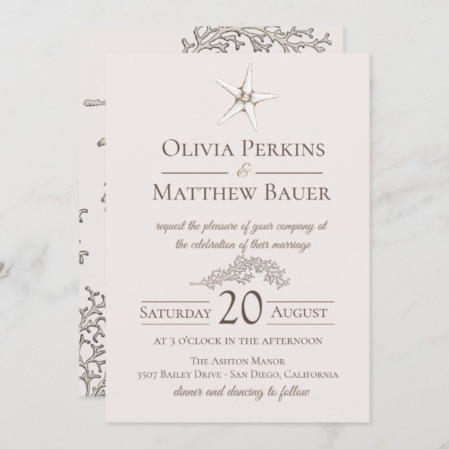 Convite para Casamento de Starfish Coral Beach (Frente/Verso)