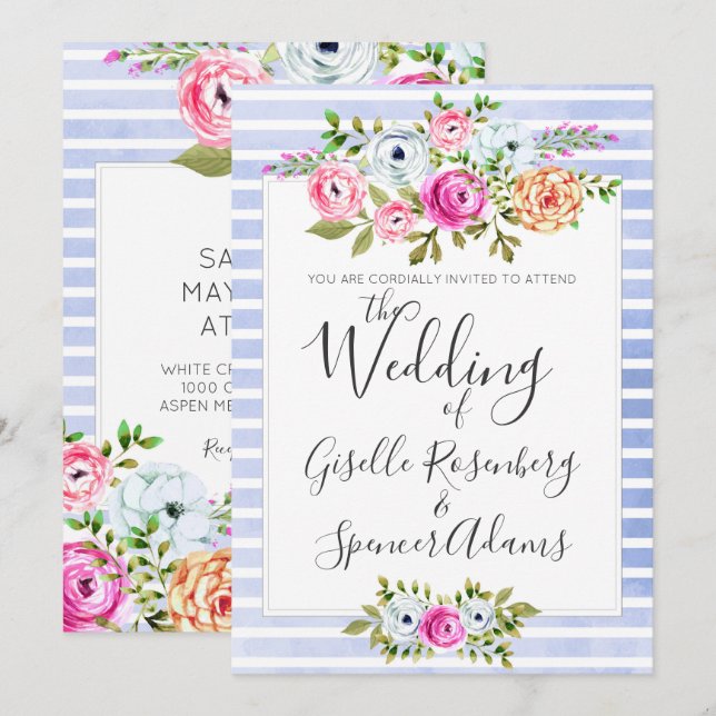 Convite para Casamento de Stripe Floral Moderno (Frente/Verso)