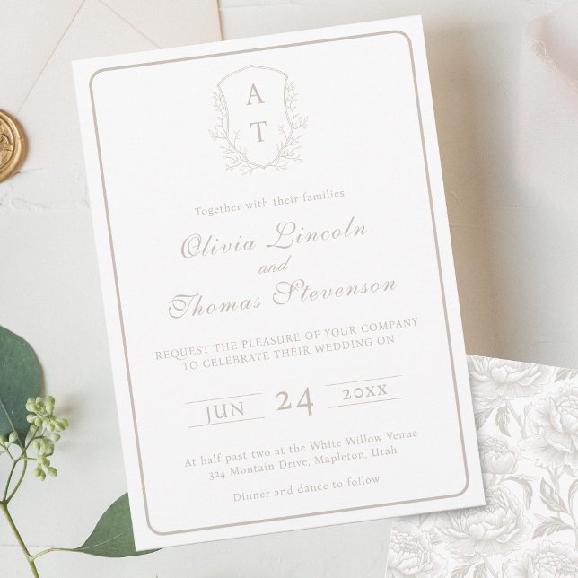 Convite Para Casamento De Taupe Pálido De Crest Mo (Criador carregado)