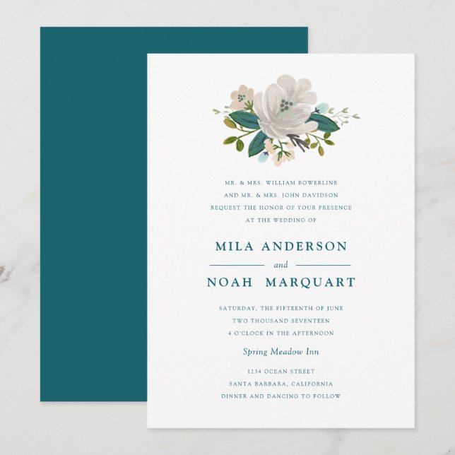 Convite para Casamento de Teal Blooms (Frente/Verso)