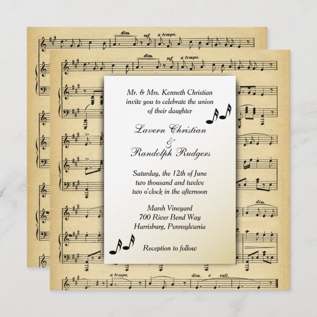 Convite para Casamento de Tema Musical de Folha An (Frente/Verso)