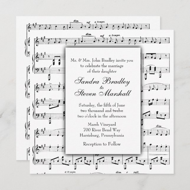 Convite para Casamento de Tema Musical White Sheet (Frente/Verso)
