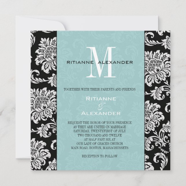Convite para Casamento de Tiffany Monograma Damask (Frente)