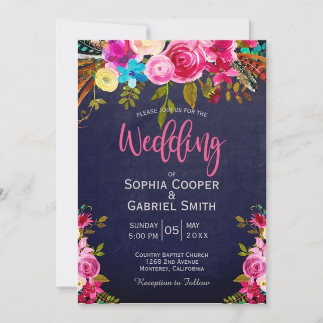 Convite para Casamento de Tipografia Azul e Floral (Frente)