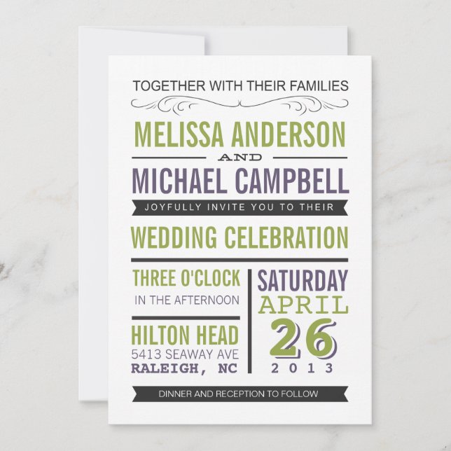 Convite para Casamento de Tipografia Roxa e Verde (Frente)