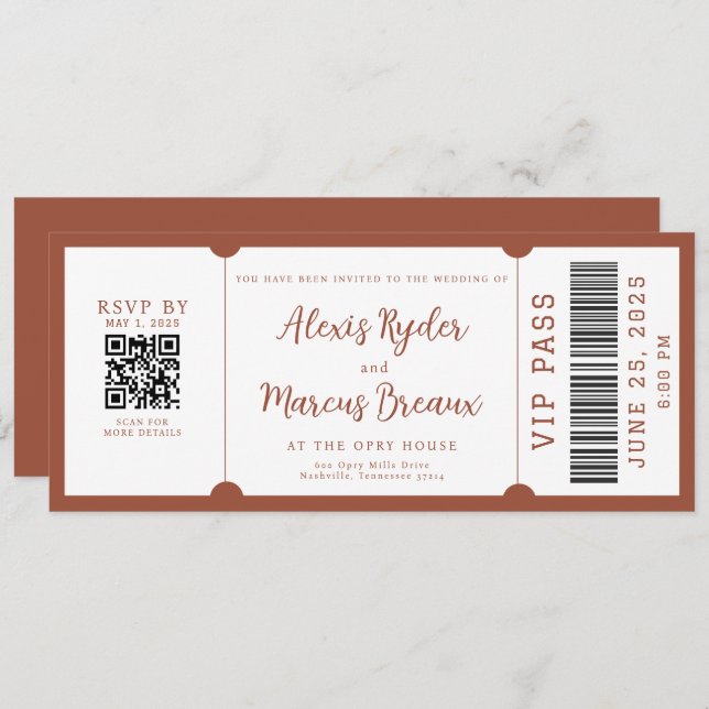 Convite para Casamento de Trendy Terracotta Ticket (Frente/Verso)