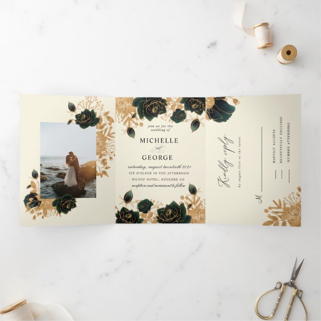 Convite Para Casamento De Três Dobras De Rosas Dou (Dentro)