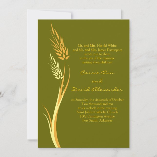 Convite para Casamento de Trigo de Outono Verde (Frente)