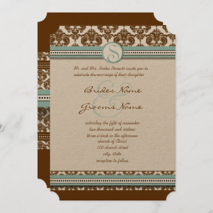 Convite para Casamento de Trim Azul Marrom Damask