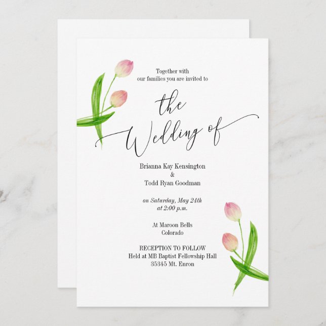 Convite para Casamento de Tulipas Mínimas de Aquar (Frente/Verso)