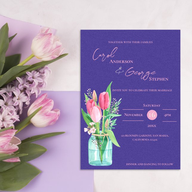 Convite Para Casamento De Tulpas De Mason Jar Purp (Mason Jar Purple & Blush Tulip Wedding Invitation)