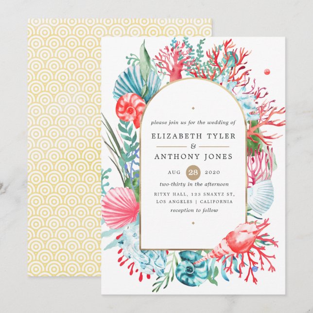 Convite para Casamento de Vida no Mar Teal e Coral (Frente/Verso)