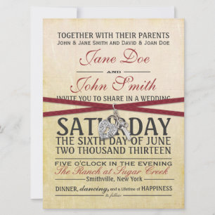 Convite para Casamento de Vintage Ivory e Red Pape