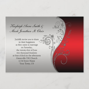 Convite para Casamento de Vintage Red Black e Silv