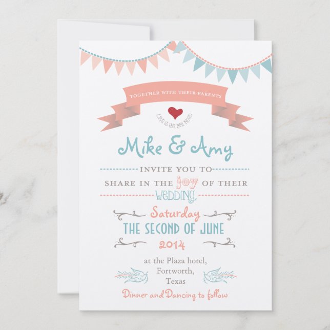 Convite Para Casamento De Whimsical De Bunting Vin (Frente)