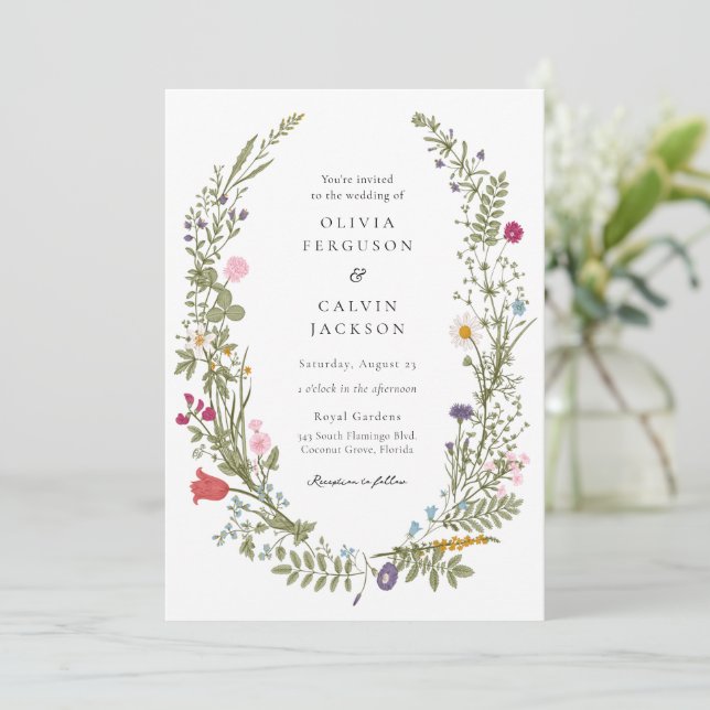 Convite para Casamento de Wreath de Flores Selvage (Em pé/Frente)