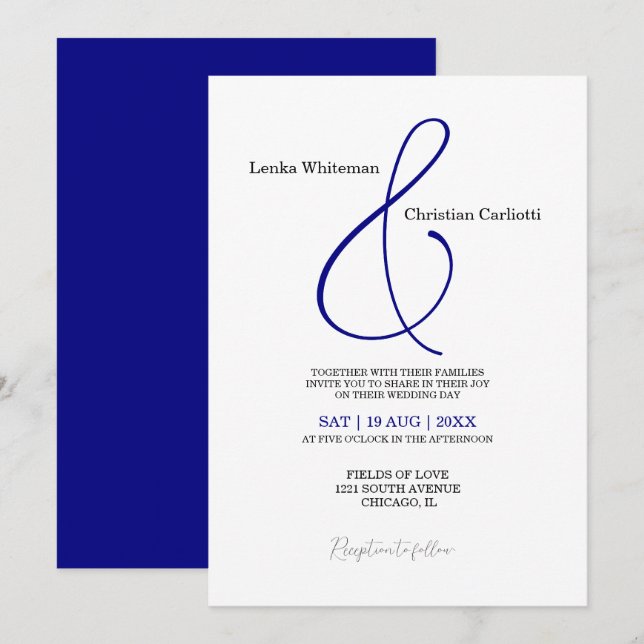 Convite para casamento do Elegant Marinho Blue Amp (Frente/Verso)