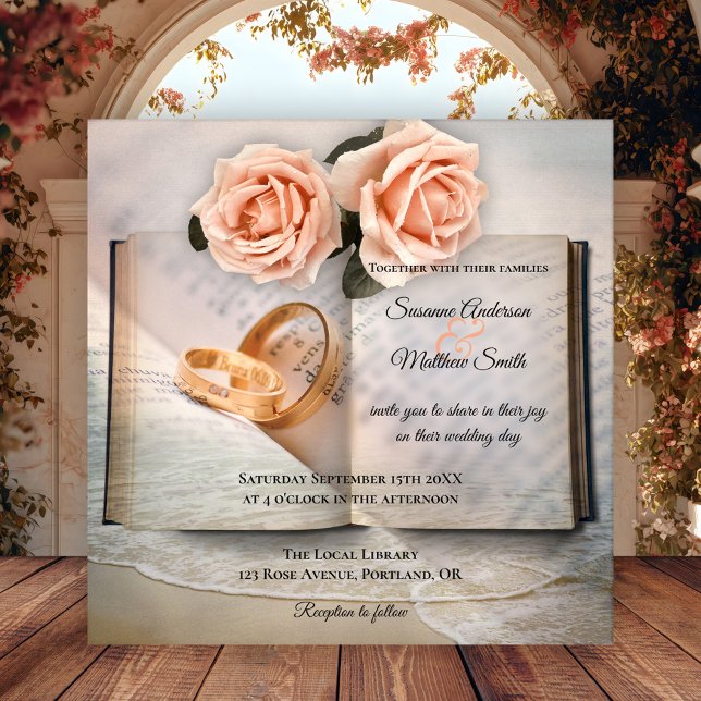 Convite para Casamento do Livro de Sonhos da Histó (Wedding invitation featuring books with roses and wedding rings with a dream beach overlay)