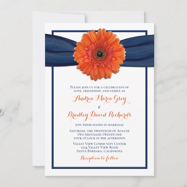 Convite para casamento do Marinho Orange Gerbera D (Frente)