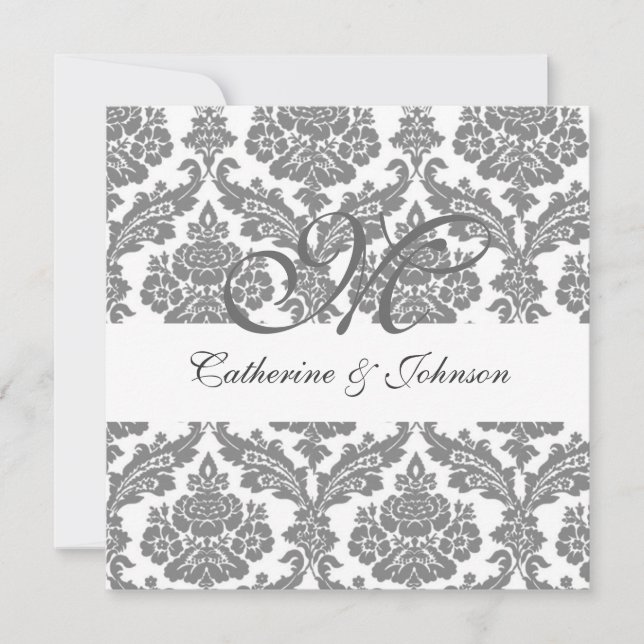 convite para casamento do monograma damasco preto, (Frente)