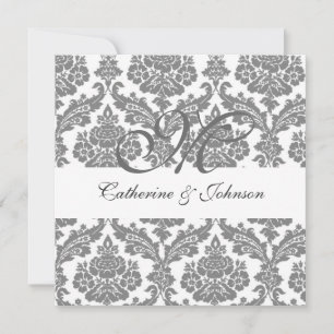 convite para casamento do monograma damasco preto,