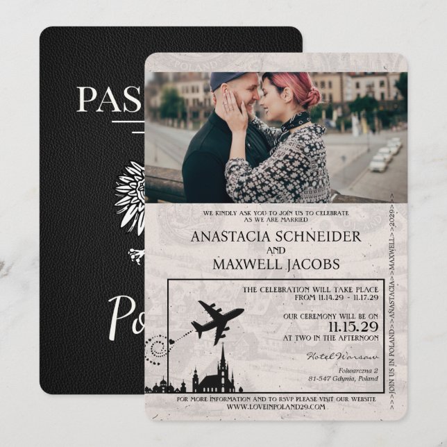 Convite para casamento do Passaporte Polônia Negro (Frente/Verso)