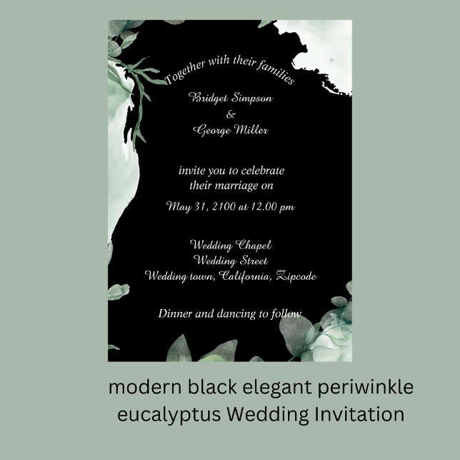 Convite para casamento do soldado preto moderno e  (modern black elegant periwinkle eucalyptus Wedding Invitation by wedding Hobinishop)