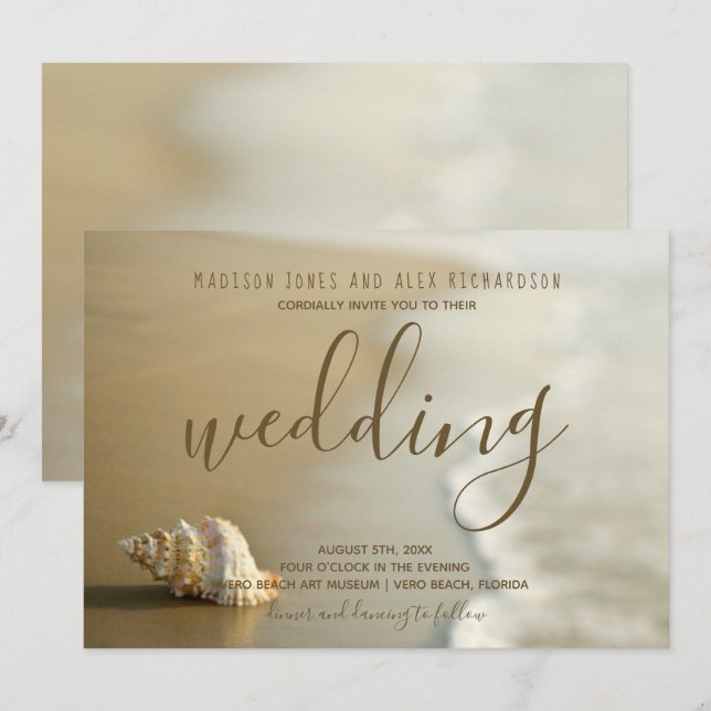 Convite para Casamento Dourado de Seashell Beach (Frente/Verso)