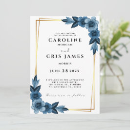 Convite para Casamento Dourado e Azul Elegante
