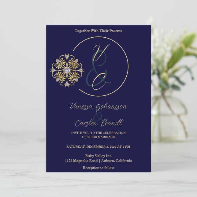 Convite para Casamento Dourado e Ouros (Em pé/Frente)