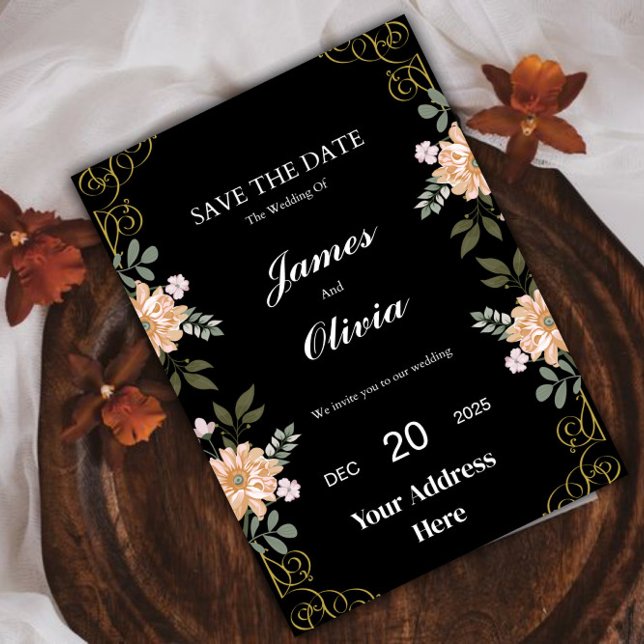 Convite para Casamento Dourado e Preto Floral Eleg (Wedding Invitation )