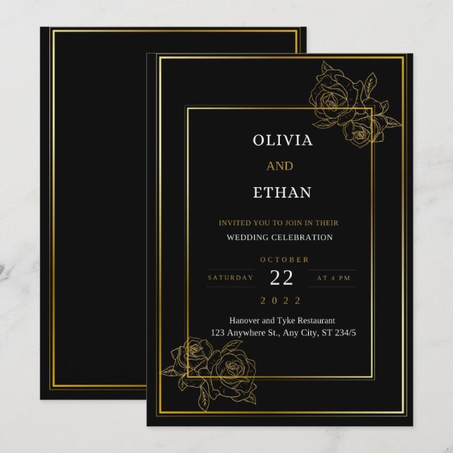 Convite Para Casamento Dourado E Preto Premium (Frente/Verso)