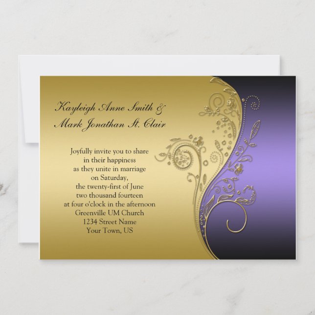 Convite para Casamento Dourado e Preto Roxo Vintag (Frente)