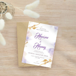 Convite para Casamento Dourado e Purple de Aquarel