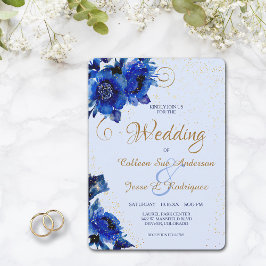 Convite para Casamento Dourado Floral Azul Moderno