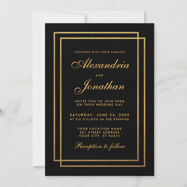 Convite para Casamento Dourado Negra Moderno Elega (Frente)