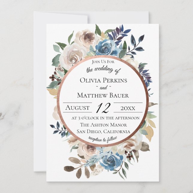 Convite para Casamento Dourado Rosa de Azul Chic (Frente)