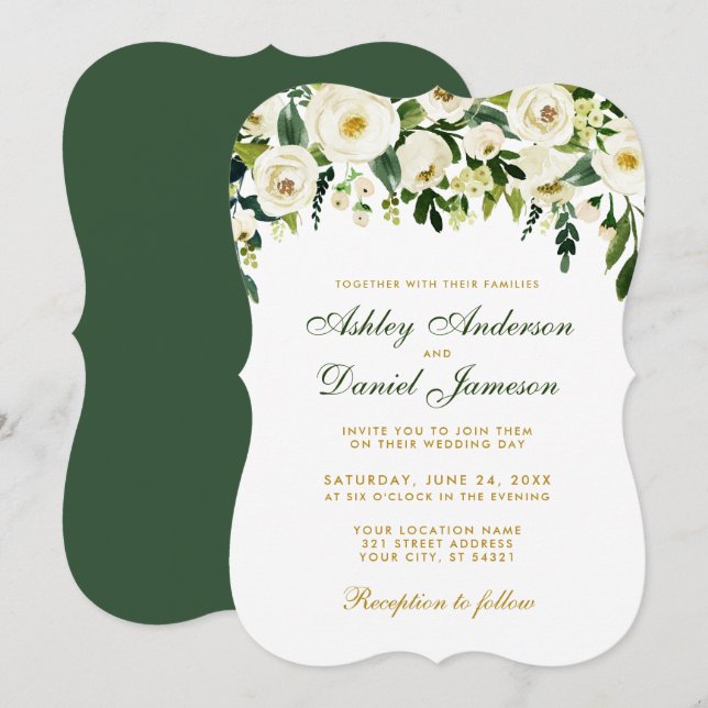 Convite para Casamento Dourado Verde Floral de Wat (Frente/Verso)