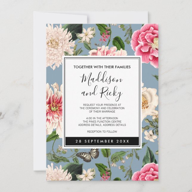 Convite para Casamento Dusty Blue e Blush Country (Frente)