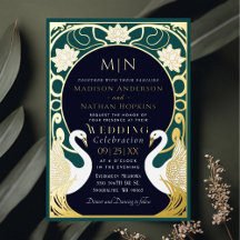 Convite para Casamento Elegante Art Nouveau Swans