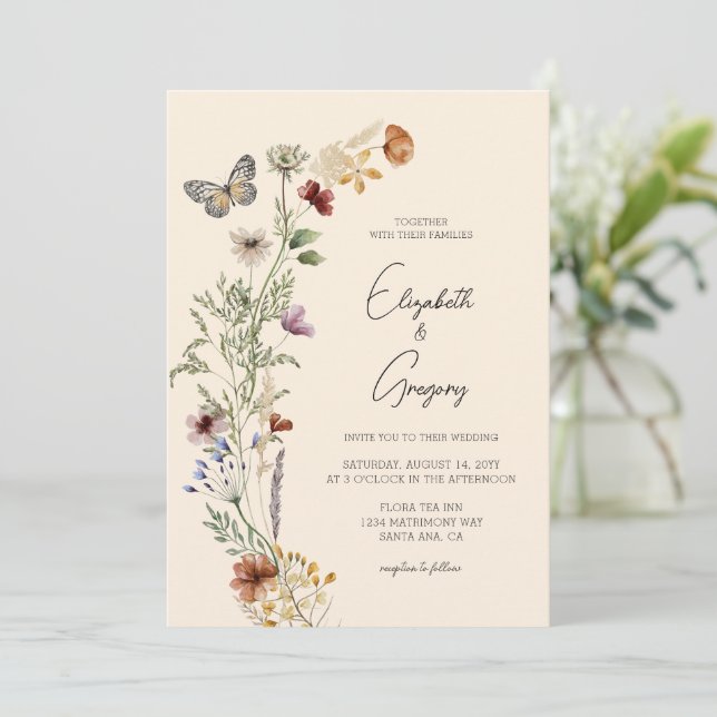 Convite para Casamento Elegante Boho Wildflower (Em pé/Frente)