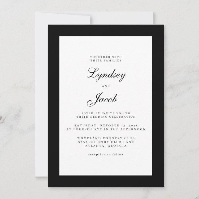 Convite para Casamento Elegante Branco e Negro Clá (Frente)