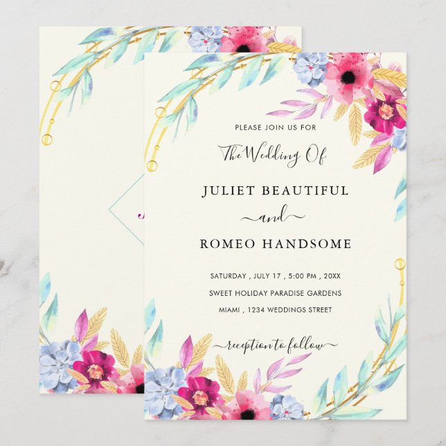 Convite para Casamento Elegante com Quadro de Flor (Frente/Verso)