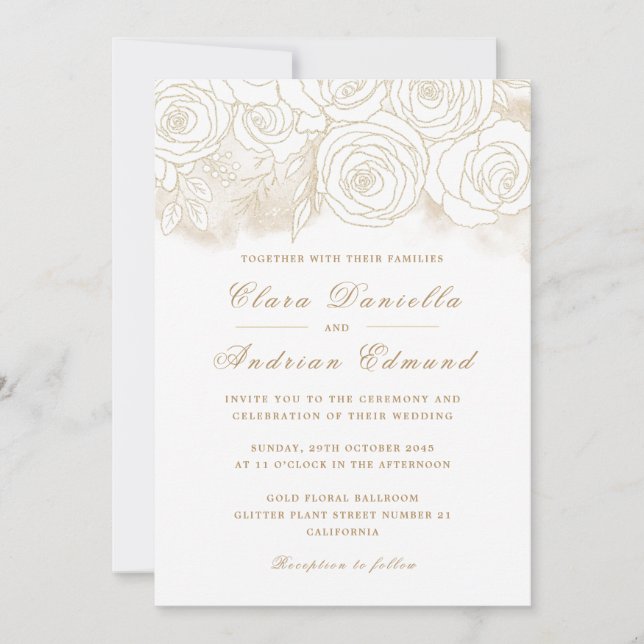 Convite para Casamento Elegante com Rosas Dourados (Frente)