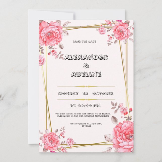 Convite para Casamento Elegante Cor-de-Rosa e Bran (Frente)